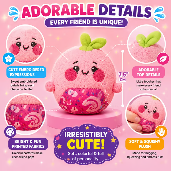 Mystery plush embroidered details and soft squishy texture